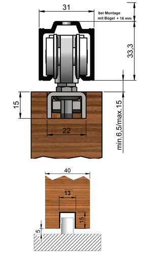 HELM 73ME-300S1 Schiebetürbeschlag 300 cm in Wand mit SmartStop für Türbreite bis 150 cm