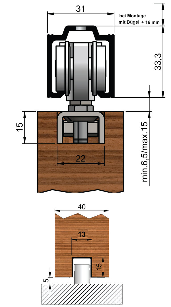 HELM 73D-200S1 Schiebetürenbeschlag für Holzschiebetür 105cm mit 1 x  SmartStop 